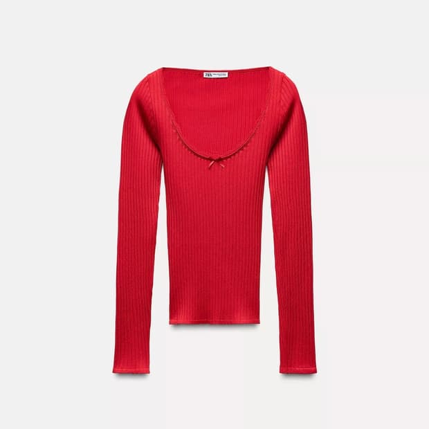 [세일단돈3500원!] 자라(ZARA) 레드 골지 라운드넥 티셔츠