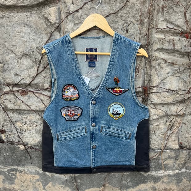 90s 할리데이비슨 빈티지 패치 커스텀 데님 가죽 레더 베스트 조끼