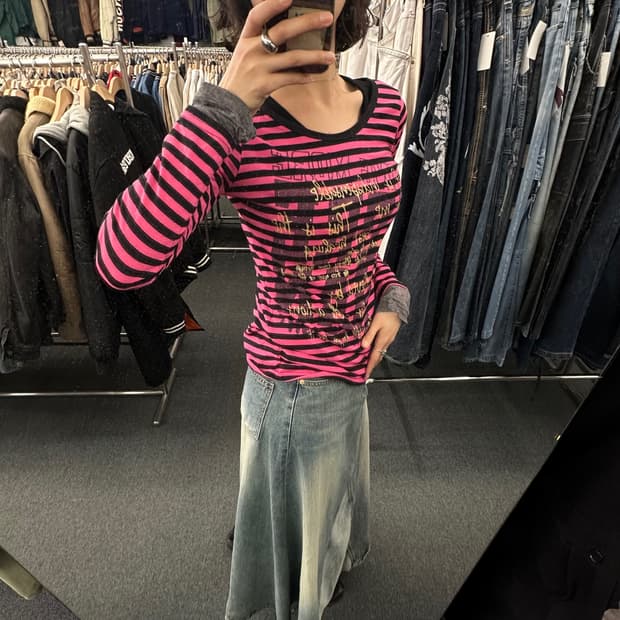 M)Japanese vintage 여성 펑크 스트라이프 롱슬리브
