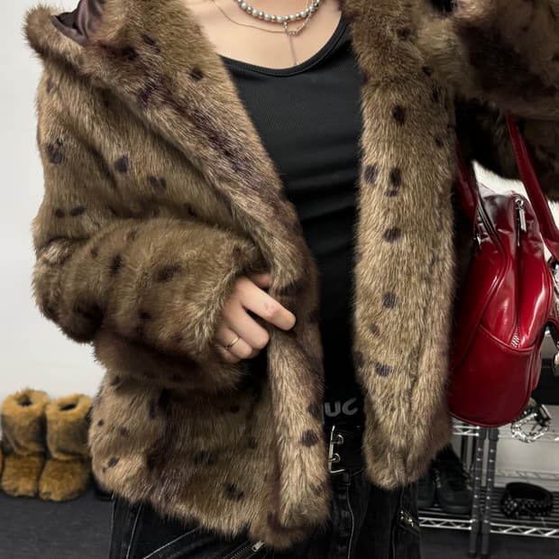 올드 빈티지 레오파드 퍼 후드 자켓