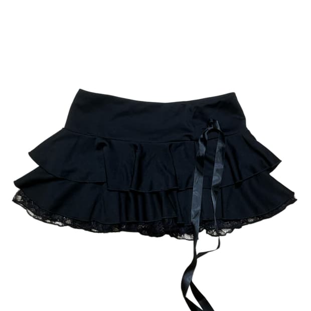 레이스 리본 캉캉 플레어 미니 로우 스커트 