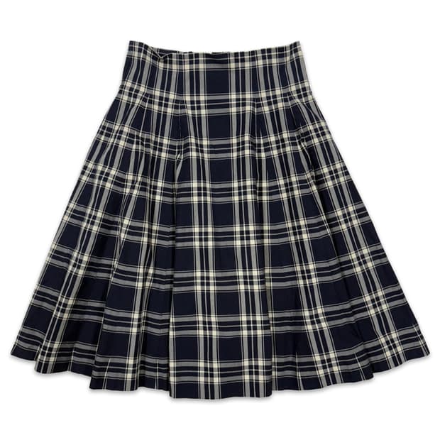 빈티지 네이비 체크 모리 플레어 미디 스커트