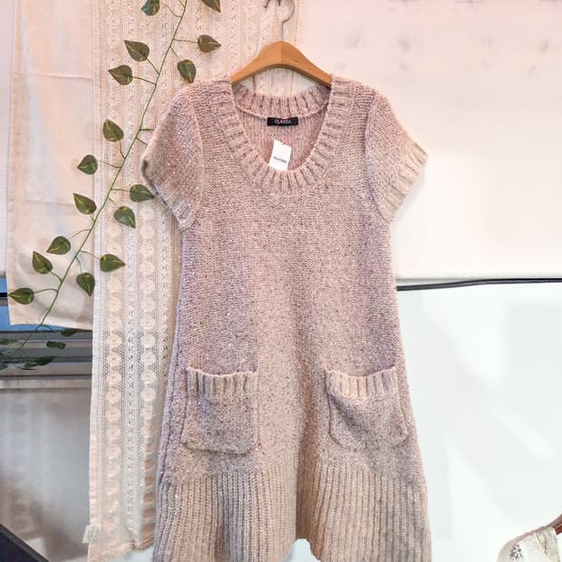핑크 반팔 니트 원피스