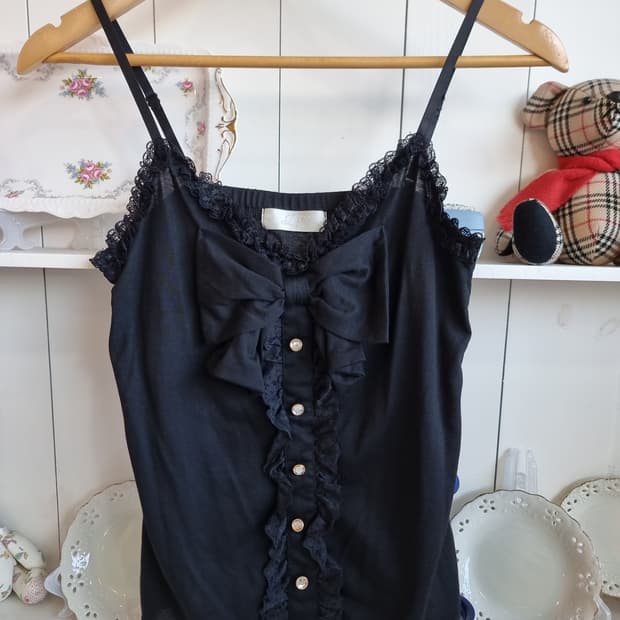 (디어리) 블랙 새틴 레이스 리본 캐미솔 탑