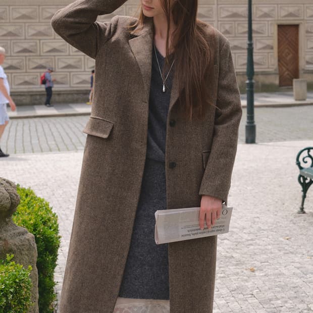 앤유 울싱글 맥시 헤링본 코트