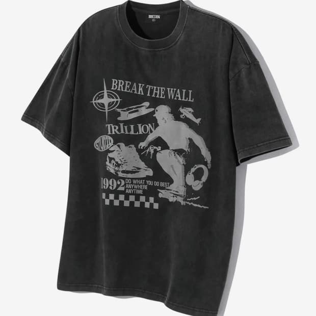 트릴리온 스케이트보드 피그먼트 그래픽 반팔 티셔츠 차콜