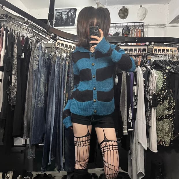 스트라이프 니트 후드 가디건