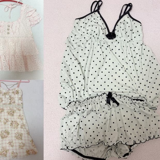 리즈리사 펀칭 핑크 체크 원피스 룸웨어 히메갸루 라떼갸루