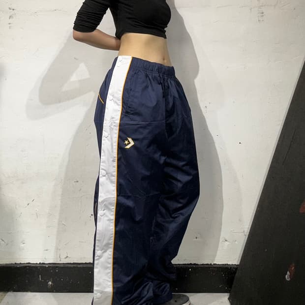 컨버스 네이비 화이트 사이드 스냅 버튼 추리닝 바지 와이드 댄스 팬츠 L