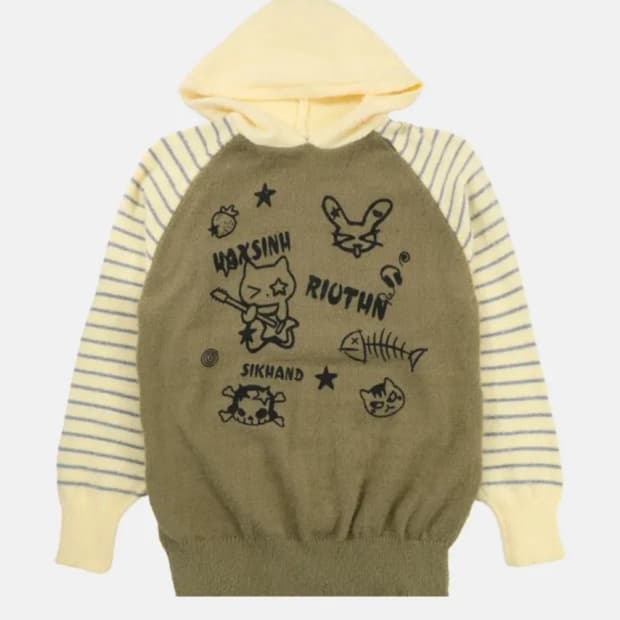 키치 나그랑 배색 스프라이트 오버핏 니트 후드티