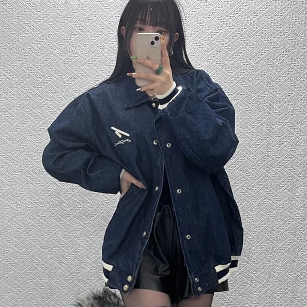 칼 카니 올드스쿨 레트로 빈티지 데님 바시티 자켓 M C09532