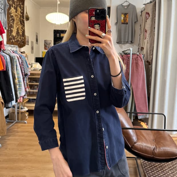 BEAMS 빔즈 네이비 7부 셔츠