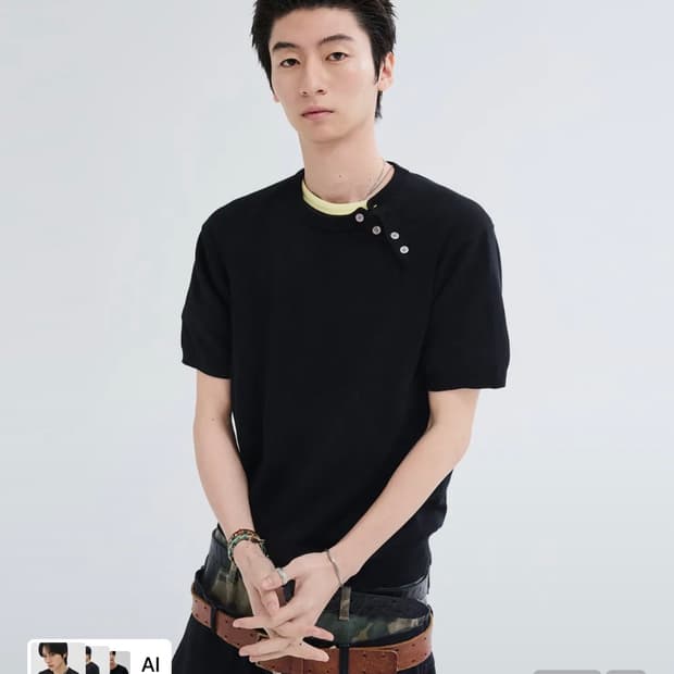 르아르 사선 헨리넥 반팔 니트 [블랙]