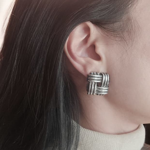 🇺🇸빈티지 체크 사각 925 은 클립온 귀걸이