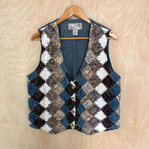 일본 빈티지 패치워크 자수 베스트 조끼 L