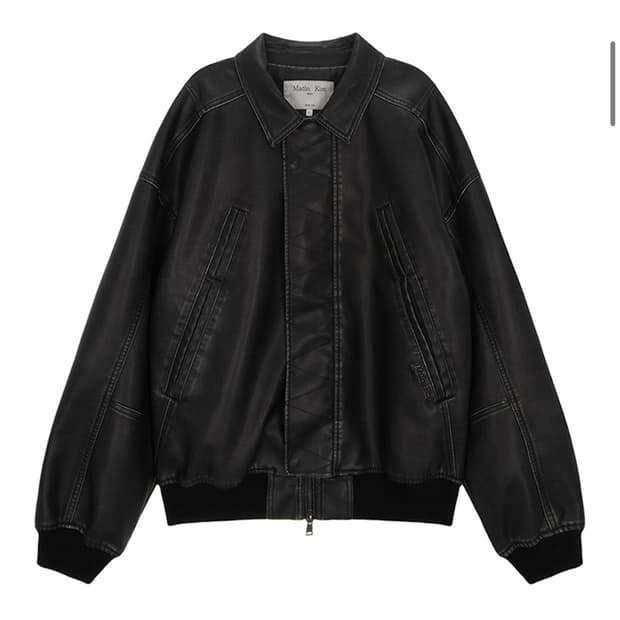 마뗑킴 백 프린팅 워시드 레더자켓 카키브라운 (S)