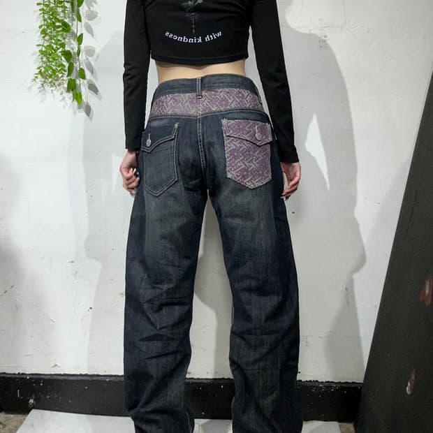 일본 빈티지 진청 와이드 패이즐리 패턴 청바지 워싱 데님 팬츠 