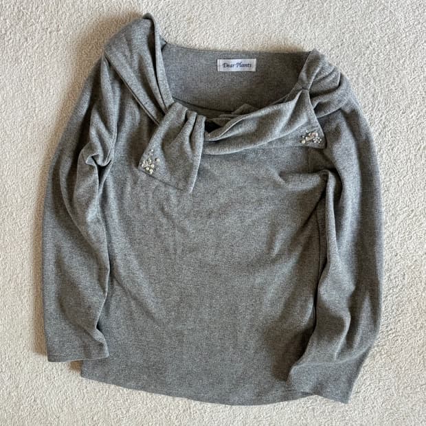 일본빈티지 dear plants 그레이 골지 큐빅 포인트 탑