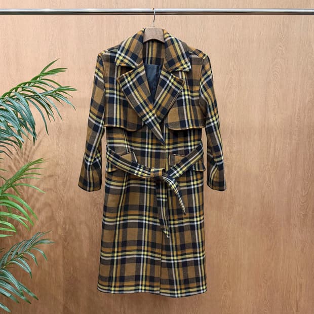 올세인츠 체크 롱 코트 플랩 포켓 벨트 스트랩 디테일 레귤러핏 오렌지