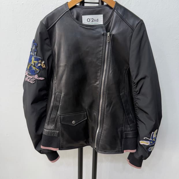 정품) O2ND 오즈세컨 한섬 천연가죽 배색 항공 봄버 자켓 55
