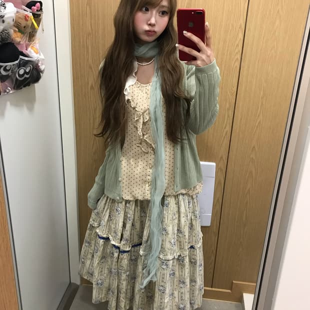 민트 하구미 플라워 도트 블라우스 코디세트