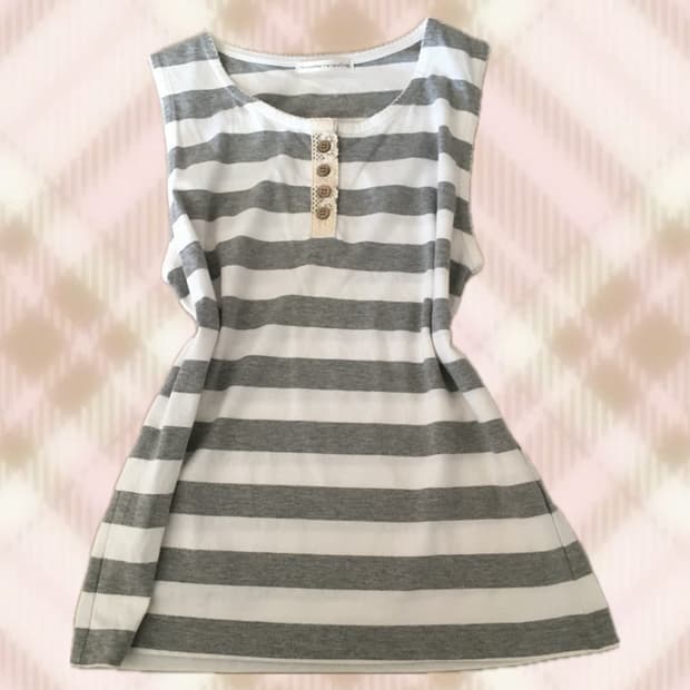 그레이 레이스 스트라이프 나시 슬리브리스 갸루 러블리 로걀 모리 빈티지