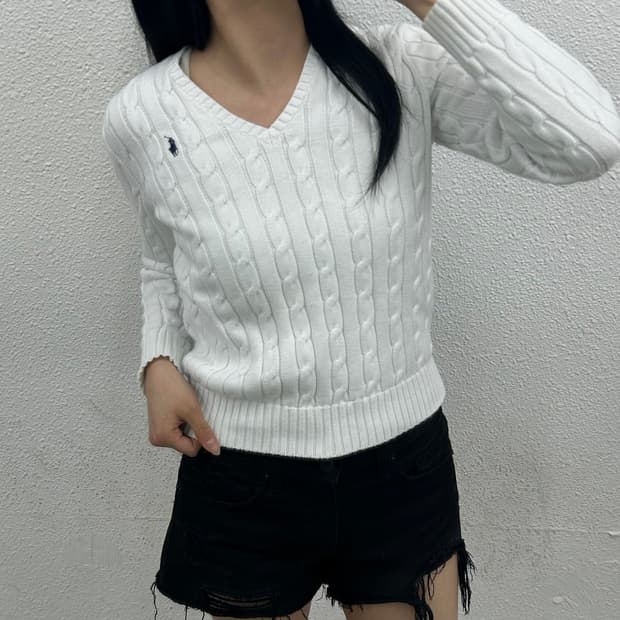 폴로 랄프로렌 네이비포니 화이트 꽈배기 브이 니트 S