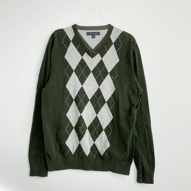 C1 타미힐피거 브이넥 아가일 니트 105사이즈