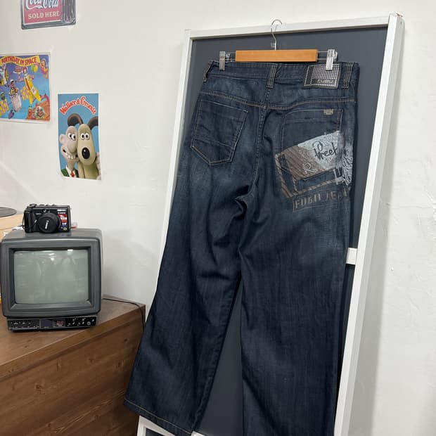 후부 백프린팅 올드스쿨 y2k 생지 데님 팬츠