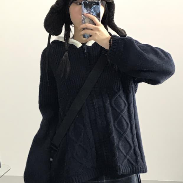 Jpn Navy Knit Zip Up Hoodies