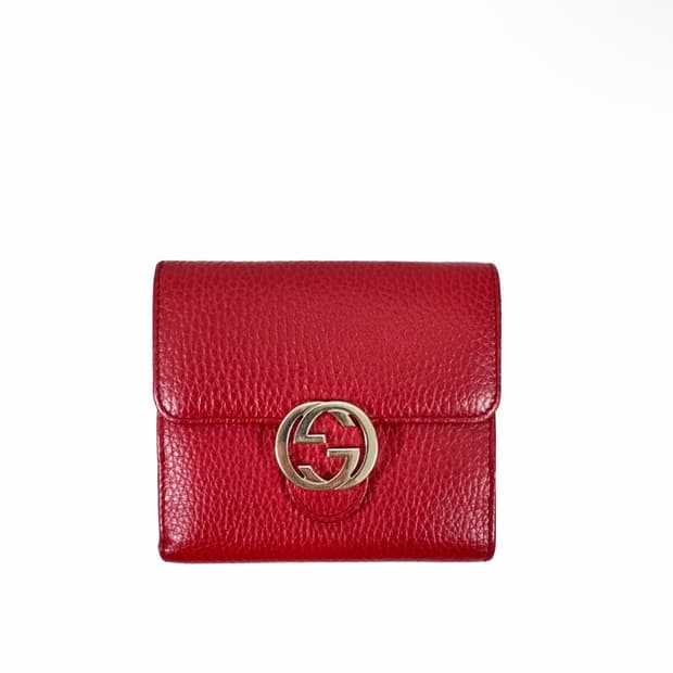 구찌 여성 GG 인터로킹 금장 레더 플랩 반지갑 레드 615525