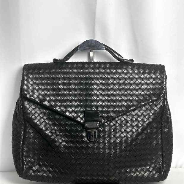 보테가 베네타 블랙 인트레치아토 레더 브리프케이스 BOTTEGA VENE