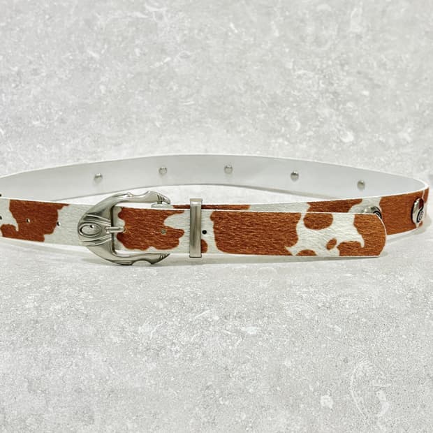 Oribell 호피 카우 송치털 물음표 스터드 클래식 웨스턴 버클 벨트