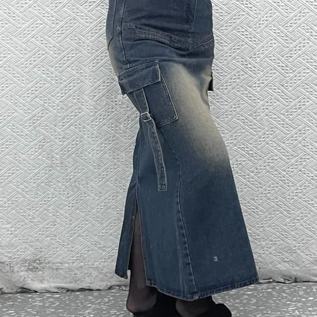 빈티지 올드스쿨 워싱 카고 데님 청치마 롱스커트 M C07869
