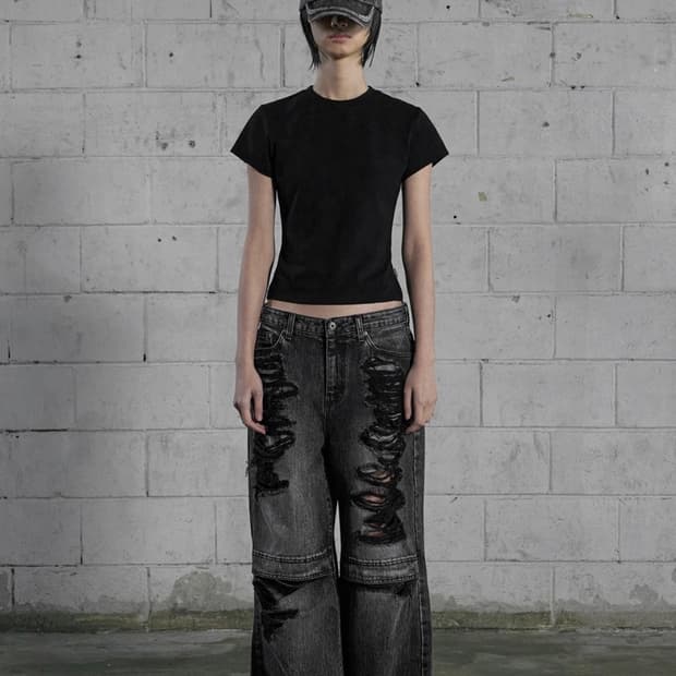 보헤미안서울 KNEE OPEN RIPPED WIDE JEANS, GRAY