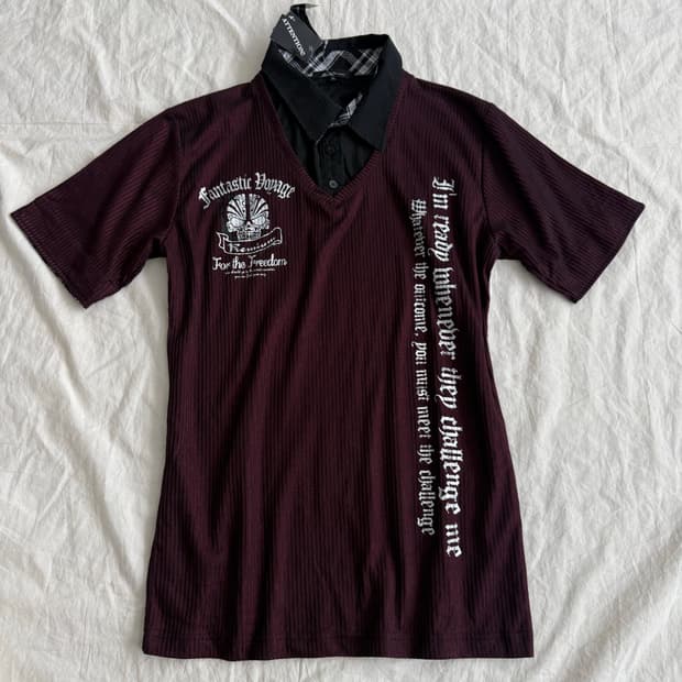 버건디 펑크 셔츠 레이어드 반팔탑