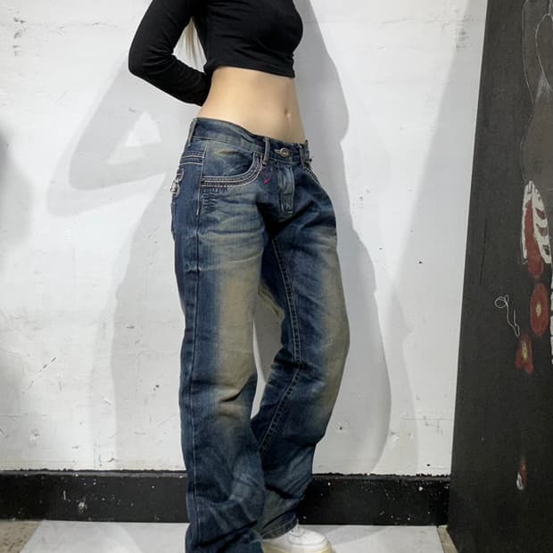 빈티지 진청 로리타 와투케 와이드 워싱 데님 팬츠 힙합 새깅 청바지