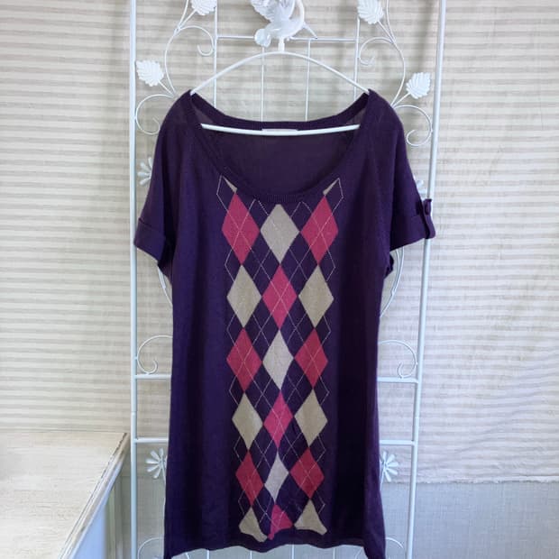빈티지 퍼플 아가일 반팔 니트 y2k 스트릿 갸루 펑키 일본빈티지