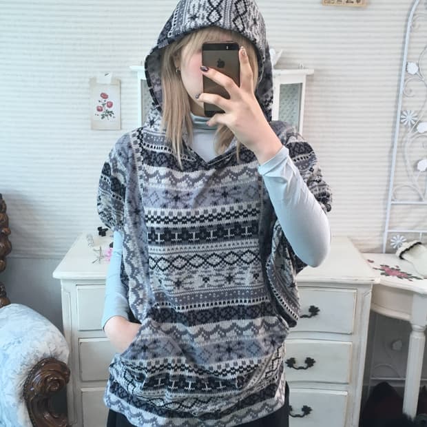 일본빈티지 블루그레이 보헤미안 포켓 후드티