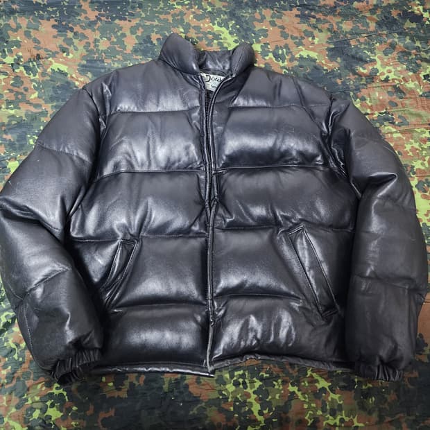 빈티지 Schott NYC 블랙 레더 다운 패딩 점퍼