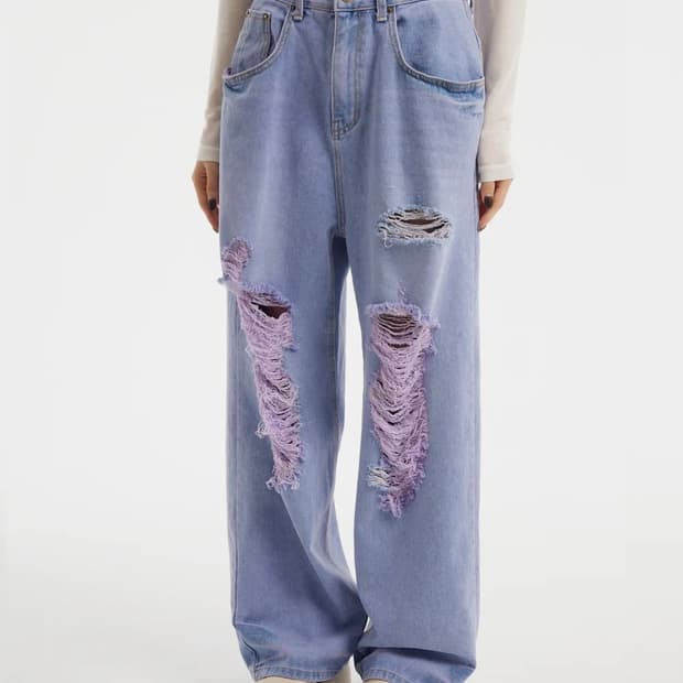 Wide destroyed dying denim pants