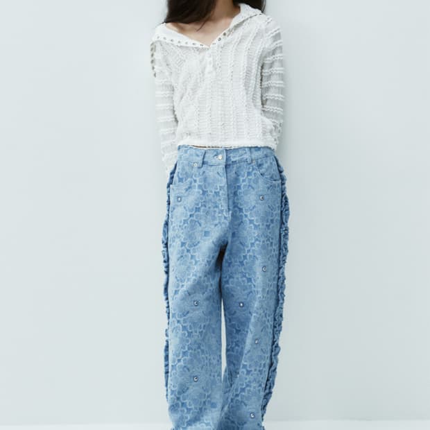김미더영 플라워데님 G STUD FLOWER CUT FRILL PANTS