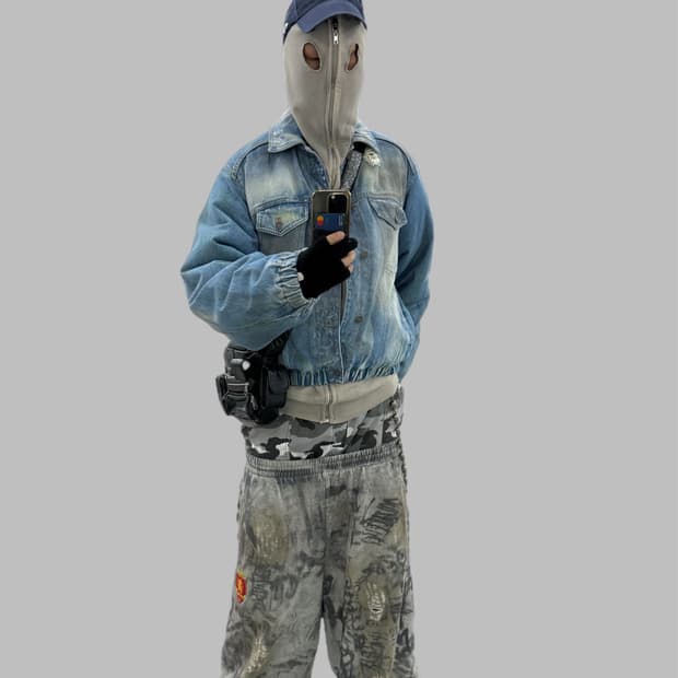 Egonlab 25ss 디스트레스 데님 크롭봄버 자켓