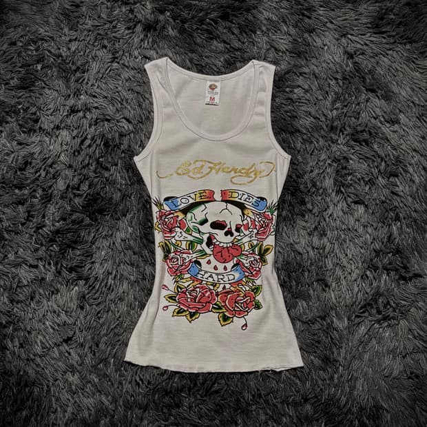 Ed Hardy 스컬 장미 프린팅 큐빅 화이트 슬리브리스