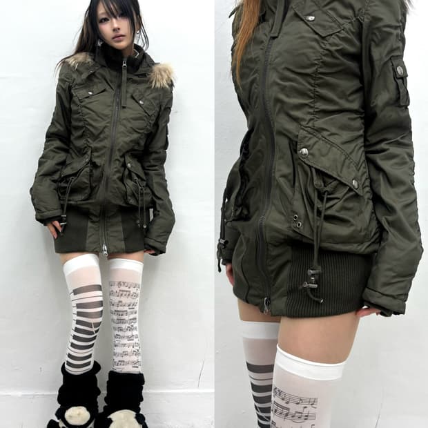 Cargo pocket shirred fur hood jacket  