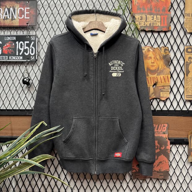 디키즈 어센틱 후드 집업 안감 양털 디테일 그레이