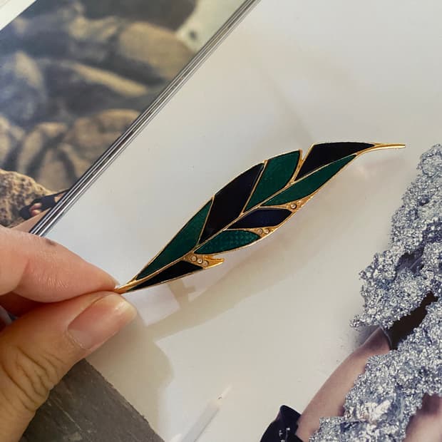 빈티지 그린 에나멜 리프 브로치 잎