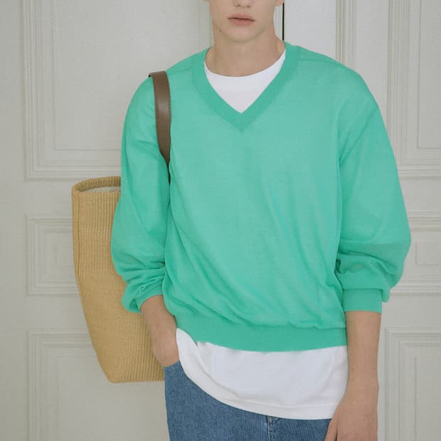 stu 시어 브이넥 니트 민트 L