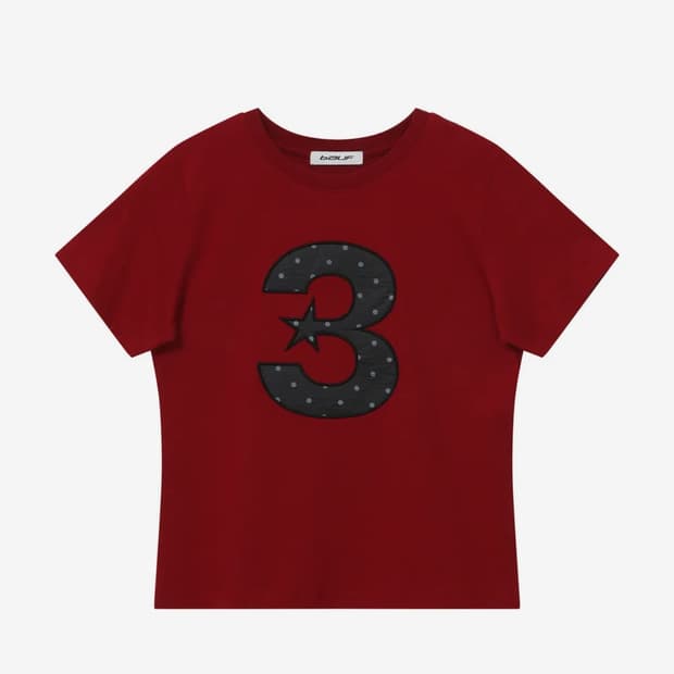 바우프 3로고 도트 슬림핏 티셔츠 레드