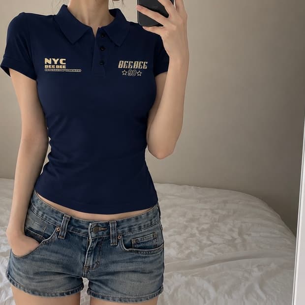 Y2k 네이비 카라넥 반팔티